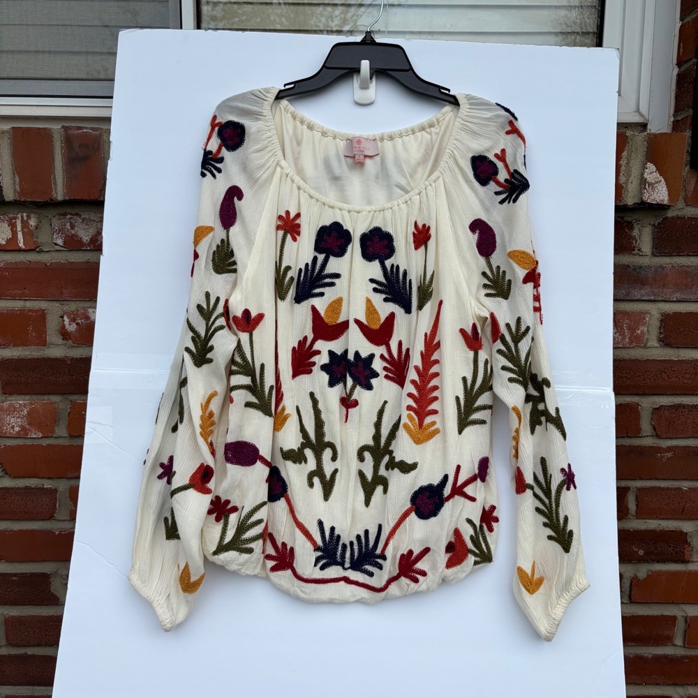 Laurie Felt Los Angeles Embroidered Peasant Blouse Ivory Floral Boho Top Large